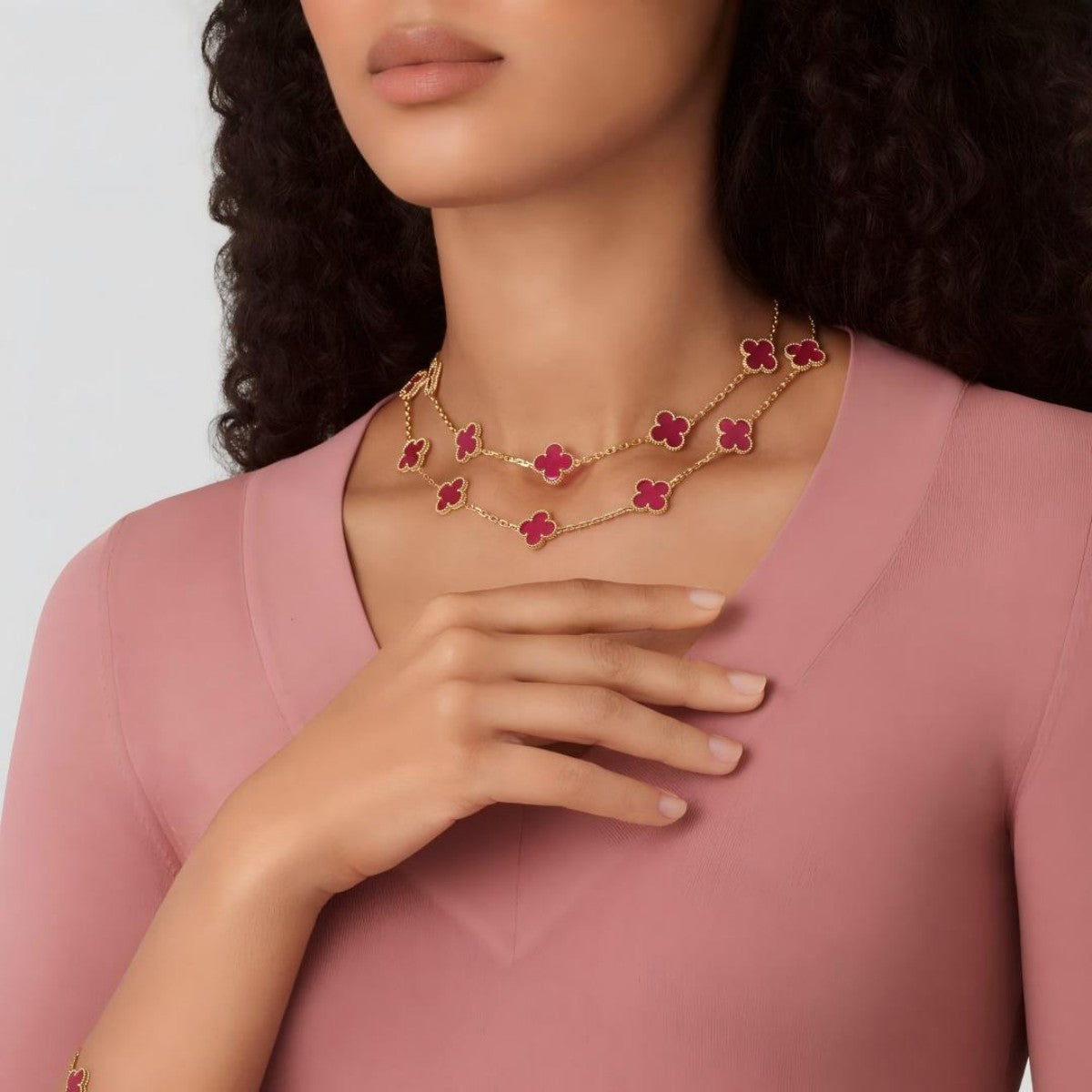 [Miro] NEW CLOVER 20 MOTIFS PINK ENAMEL NECKLACE