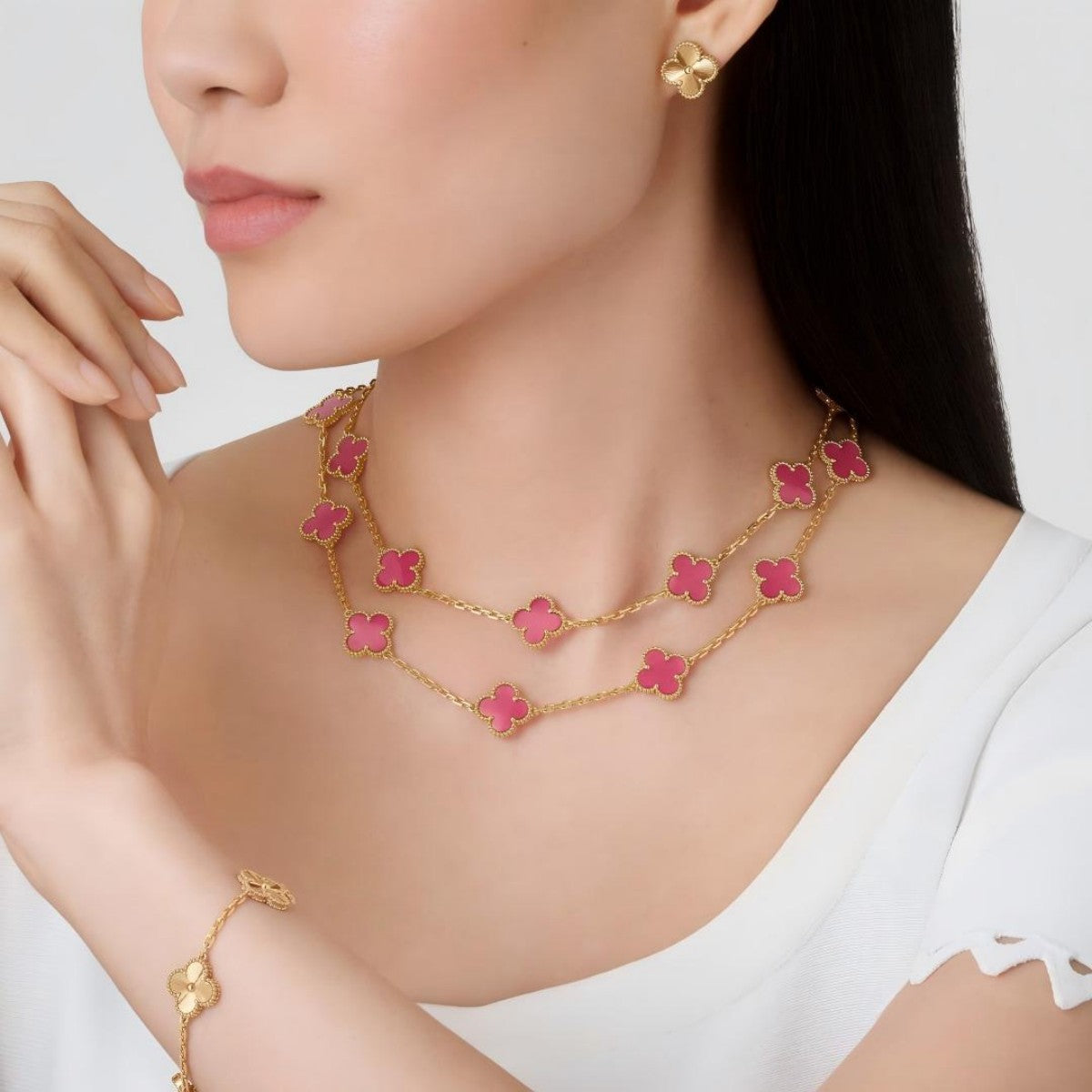 [Miro] NEW CLOVER 20 MOTIFS PINK ENAMEL NECKLACE